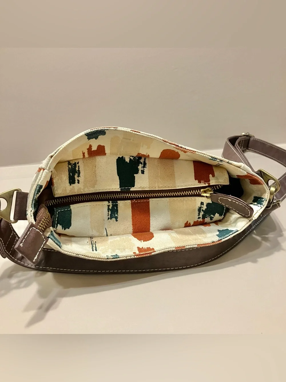 Maika Large Crossbody Purse Boho Bag Abstract Design‎ Vegan Brown Leather Strap